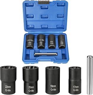 Locking Wheel Nut Removal Tool Hakkin Bolt Extractor Set 4Pcs 1/2” Drive Twist Socket Set Lug Nut Remover Socket Tool for Removing Damaged, Rusted, Rounded-Off Bolts, Nuts 17mm 19mm 21mm 22mm