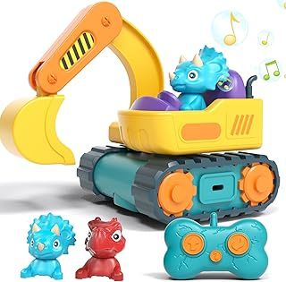 Toy for 1 2 3 Year Old Boys Gifts, Dinosaur Remote Control Digger 1 2 Year Old Boys Girls Toys, Construction Toddler Baby Kids Toys RC Car Truck with Music & Sound