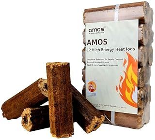 AMOS Ultra Dry High Energy Heat Logs Eco Friendly Low Smoke Minimal Ash Sustainable Recycled Wood Fuel for Open Fires Burners Chimeneas 12 Logs