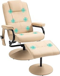 HOMCOM Swivel Recliner Chair and Footstool, Faux Leather Massage Recliner Armchair with Remote Control and Round Wrapped Base, Cream