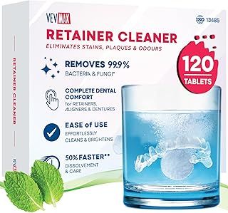 Vevmax Retainer Cleaner Tablets - 120 Tablets (4 Months Supply) - Denture Cleaning, Removes Stains & Odours, Freshens Aligners, Mouthguards, Nightguards - Perfect for Ultrasonic Retainer Cleaner