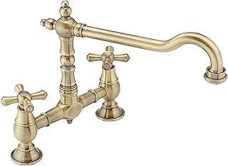 ENKI, Langley, KT116, Antique Brass, Traditional Bridge Kitchen Sink Mixer Tap for Basin, Brass Construction, with Twin Levers & Swivel Spout Perfect for Double Bowl Sinks, Drip Free Ceramic Valve