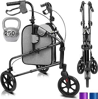 Vive Mobility 3 Wheel Rollator Walker - Lightweight and Foldable for Seniors, Elderly, Men, Women - Folding Heavy Duty Tri-Wheeled for Indoor/Outdoor Use (Black)