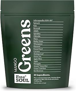 Free Soul Greens | 21 Advanced Greens, Superfoods, and Adaptogens Including KSM-66 Ashwagandha, Vegan & Gluten-Free, Advanced Natural Formula | UK Made | 30 Servings | Mango Flavour