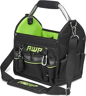 12 Inch Pro Tool Tote with Rotating Handle for Easy Tool Access, Water-Resistant Construction, Black/Green