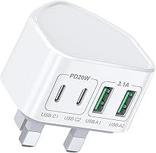 40W USB C Charger Block, 4-Port Fast Charger Plug for iPhone 15 14 13 12 11 Pro Max Plus X XS XR 8, SE 2020, iPad, Apple Watch, Samsung, UK Dual Port PD Power Adapter