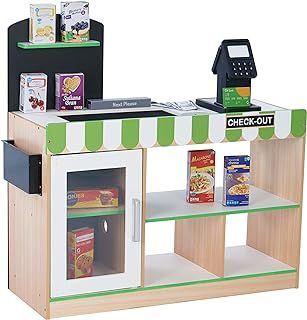 Teamson Kids Cashier Austin Interactive Wooden Play Checkout Stand with Lights and Sounds, Manual Conveyor Belt, Register and Display Spaces, Green and White Décor on Natural Wood