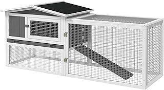 PawHut Rabbit Hutch with Run Wooden Guinea Pig Hutch Outdoor Bunny Cage Hide House with Sliding Tray, Hay Rack, Ramp, 156 x 58 x 68cm, Grey