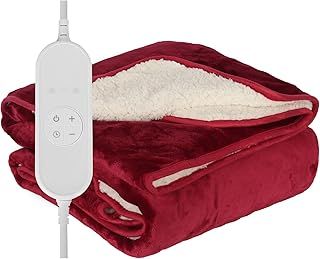 Electric Heated Blanket Throw Fleece with 9 Heat Settings 9 Hours Timer Auto Shut-off 180x130cm Double Sided Digital Control Machine Washable (Wine Red+White)