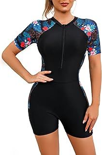 Swimming Costume Women Long Sleeve/Short Sleeve Zip Up One Piece Swimsuit Rash Guard Surf Bathing Modest Swimwear