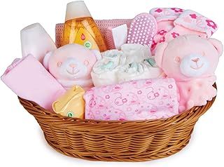 Baby Box Shop - 18 Essentials for Newborn Girl Perfect as Christenings - Baby Girl Gifts, Baby Hamper for Newborn Girl in Rattan Basket (Pink)