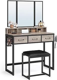 VASAGLE Dressing table with 3-piece folding mirror, hair dryer holder, cosmetic table with padded stool, 3 drawers, industrial design, greige and black, RVT004B02