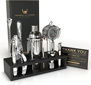 Highball & Chaser Bartender Kit With Bamboo Stand - Cobbler Cocktail Shaker Set With Tools and Accessories for Home Bar - 304 Stainless Steel Kit With Stand for Gifts (Black)