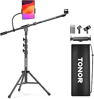 TONOR Microphone Stand with Tablet Holder, Tripod Boom Arm for Floor, Adjustable Height and Angle, Heavy Duty Stand with Carrying Bag, Phone and iPad Clamp, Compatible with Blue Yeti, T35