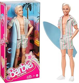 Barbie The Movie Ken Doll Wearing Pastel Pink and Green Striped Beach Matching Set with Surfboard and White Sneakers, HPJ97