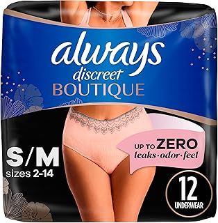 Always Discreet Boutique Adult Incontinence & Postpartum Underwear for Women, High-Rise, Size Small/Medium, Rosy, Maximum Absorbency, Disposable, 12 Count (Packaging May Vary)