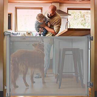 Dual Lock Grey Retractable Stair Gates for baby & Pet - Extends to 140 cm wide, 86 cm tall gate - Retractable Stair Gates for Dogs, baby gate for stairs, Indoor, doorways - Dog gate indoor