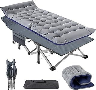 Folding Camp Bed for Adults 75 * 28 * 14" Portable Camping Cot with Mattress and Side Pocket 440lbs Load Capacity Folding Guest Bed fishing bed for Outdoor Home Office Travel Picnic (Grey)