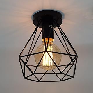 ktjes Vintage Flush Mount Light, Black Hallway & Stairway Lights - Industrial Metal Retro Cage Pendant, Suitable for Bedroom, Kitchen, Living Room - E27 Bulb