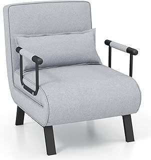 COSTWAY Folding Sofa Bed, 4-in-1 Convertible Single Sofa Chair Bed with 6-Position Adjustable Backrest and Pillow, Padded Seat Lounge Couch Guest Sleeper Recliner Armchair for Living Room (Light Grey)