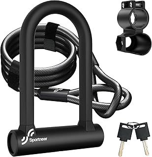 Sportneer Bike Lock: 17mm Heavy Duty Bike D Lock with 5Ft/1.2M High Security Steel Cable&Sturdy Mounting Bracket&Key Anti Theft Bicycle Locks for Road Bike, Electric Bike, Mountain Bike, Folding Bike