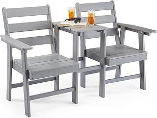 VonHaus Adirondack Love Seat for Garden - 2 Seater Grey Jack & Jill Love Seat Patio Set - 2 Person HDPE Garden Loveseat, Companion Set w/Built-in Parasol Hole for Terrace, Decking, Balcony & Outdoor