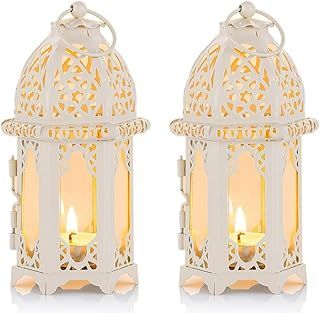 NUPTIO Ramadan Lantern Decorations for Home: Metal Glass Moroccan Tealight Candle Holder Eid 2 Pcs Fanoos Ramadan Wedding Table Decoration Hanging Patio Indoors Outdoors, White