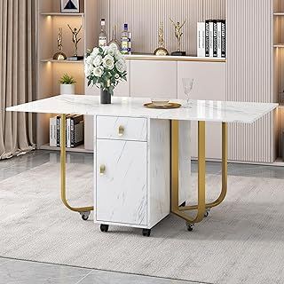 Merax Folding Dining Table, Folding Kitchen Utility Table with Cupboard and 2 Drawers, Space-Saving Dining Table for Home Living Room Pub(White and Gold)