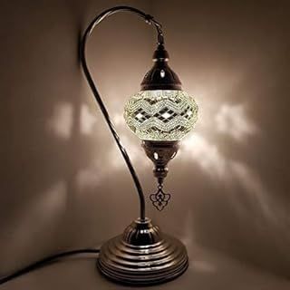 World Home Living Turkish Table Lamp Silver/Chrome Desk Light Glass Mosaic CE and UK Certified (White - A)