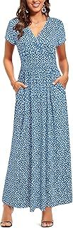 OUGES Women's Summer Spring Maxi Dress V Neck Short/Long Sleeve Ladies Casual Long Wrap Dress with Pockets