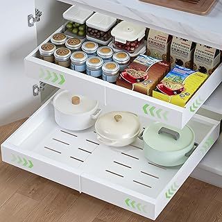 2PCS Pull Out Cabinet Organiser, 32-52cm Extendable Slide Out Kitchen Drawer Adhesive,Upgrade 3-Rails Slide Drawers Storage Shelves with Rail System for Kitchen Base Cabinet Organization