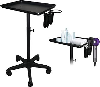 LEIBOU Beauty Aluminum Salon Tray Cart, Professional Adjustable Salon Instrument Trolley Stand with 5 Casters and Accessory Caddy, Large Tray, Beauty Tool Trolley Service Cart (Black)