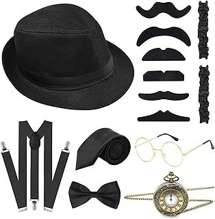ELECLAND 10 Pieces 1920s Men Costume Accessories Set Roaring Retro Gangster Costume, Hat, Bow Tie, Pocket Watch, Suspender, Glasses, Beard, Armband Garters, Pocket Watch