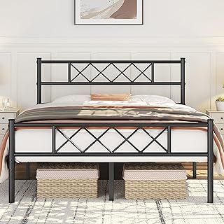 Yaheetech 4ft6 Double Bed, Metal Platform Bed Frame Solid Bedstead Base with Cross-design Headboard and Footboard, Underbed Storage Space, Slatted Bed Fits for Teenagers/Adults, Black