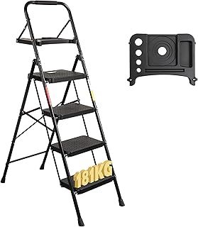 4 Step Ladder with Wide Anti-Slip Pedals, Folding Step Stool Capacity 181KG, Sponge Handrail, Strong and Solid Portable Step Ladder Suitable for Home, Kitchen, Pantry, Indoor/Outdoor Use, Black