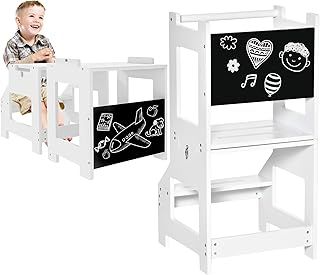 HOMCOM 2 in 1 Kids Kitchen Step Stool with Safety Rail Toddler Steps with Chalkboard for Kitchen Bathroom, White