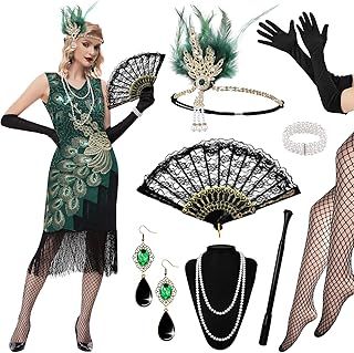 12Pcs 1920s Sequin Fringed Dress with Accessories, Roaring 20's Great Gatsby Flapper Dress with Headband Pearl Necklace for Women Ladies