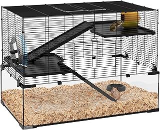 PawHut 3 Tiers Hamster Cage w/Deep Glass Bottom, Dish, Hut, 78.5 x 48.5 x 57cm