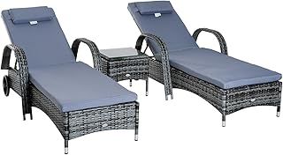 Outsunny 3 Pieces PE Rattan Patio Lounge Chair Set, Outdoor Recliner Lounge Chairs with Wheels, for Outside with Cushions, Headrest, Coffee Table for Garden, Poolside, Grey