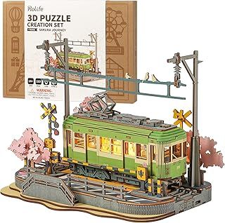 Rolife 3D Puzzle Sakura Journey Wooden Puzzles for Adults to Build Sakura Densya Model Kits with LED Lights Animation Scene Home Decoration Romantic Birthday Gifts for Her/Him