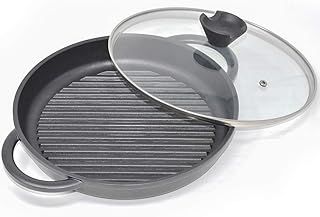 Joejis Non-Stick Induction Grill Pan - Round Cast Aluminium 27 cm - Glass Lid - Steak Fry Pan BBQ Pans PFOA Free