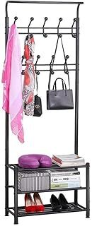 Yaheetech Coat Rack Stand with Shoe Rack and 18 Hooks, Free Standing Hall Tree with Clothes Hanging Rod, Metal Frame, for Hallway/Entryway/Living Room, Black, 68.5 x 32.5 x 187 cm