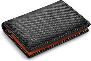 Wallets RFID Blocking Carbon Fibre Leather Mens Wallets with Zip Coin Pocket, 11 Card Holders, 2 ID Windows, 2 Banknote Compartments, Trifold Vertical, Black Orange