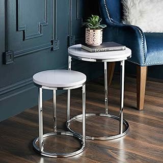 Nest of 2 round chrome tables metal frame with white wooden Top effect side end modern console nesting bedside table living room furniture