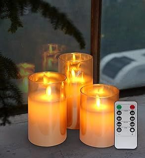 Mega Socket LED Wax Flameless Candles Gold Glass Flicker Flame Candle Pillars USB Rechargeable Set of 3 Remote Control