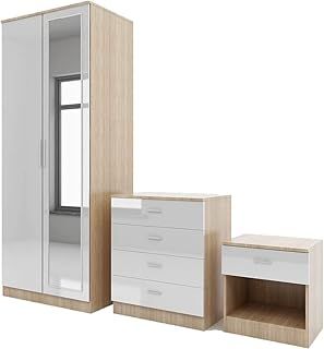 PALAKLOT High Gloss Bedroom Furniture Set – 3-Piece Set with Wardrobe, 4-Drawer Chest, and Bedside Cabinet – Stylish Storage Solution for Modern Bedrooms – Soft Close Doors (White with Black)