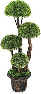 COSTWAY 1/2 Set Artificial Cypress Topiary Ball Tree, 3FT/90CM Artificial Cedar Plants with Cement Pot & Rattan Trunk, Indoor Outdoor Decorative Fake Greenery Potted Bonsai for Home Office (1)