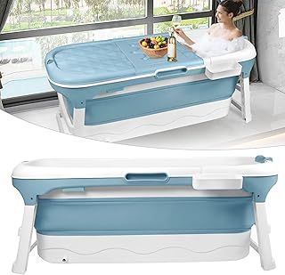HENGMEI Foldable Bathtub Adult XL Mobile Portable Bathtub with Cover Massage Rollers and Bath Shelf, Blue (128 x 62 x 52 cm)