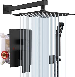 Rainsworth Rain Shower System Wall Mounted 25 x 25 cm Square Rain Shower Head, Advanced Air Injection Technology, Stainless Steel and Brass Accessories, Shower System Black