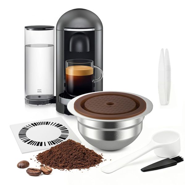 HKFENG Stainless Steel Reusable Coffee Pods for Nespr*SSO Ve*rtuo Refillable Capsules Compatible with Next POP GCA1 and ENV135 Series with 4 Barcode Stickers,Silicone Lid 230ML (230ML)